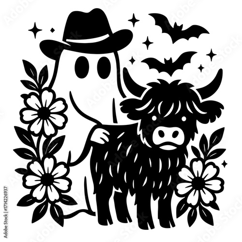 Country Life – Black and White Silhouette of Farmer and Cow with Decorative Flowers
