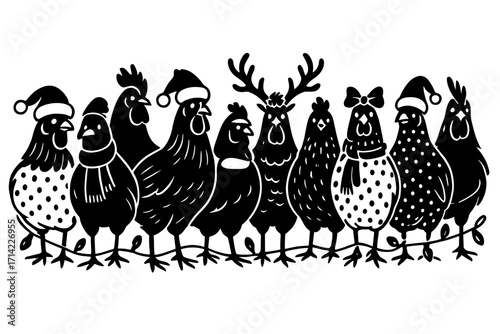 Row of Chickens – Black and White Farm Animal Silhouette Vector with Decorative Patterns
