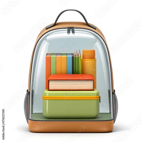Transparent backpack filled with school supplies and books