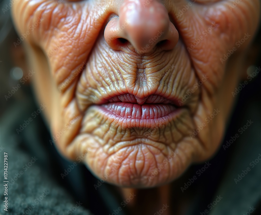 Obraz premium Close-up of an elderly woman's face showcasing intricate wrinkles, lines, and textures highlighting the beauty of aging in natural light and soft focus