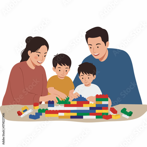 Modern Flat Illustration Family Playing with Building Blocks Together at Home
