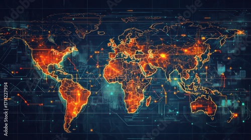 Fototapeta Naklejka Na Ścianę i Meble -  Global network map, glowing orange continents on a dark background overlaid with circuit-board style design elements