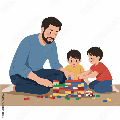 Flat Illustration Father with Children Playing Building Blocks Together Inside Home