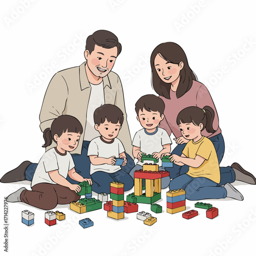 Flat Illustration of Loving Family Building Blocks Toy Together