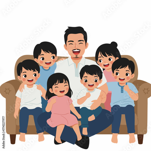 Cute Cartoon Style Smiling Father with Children on Sofa Illustration