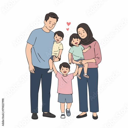 Flat Illustration Happy Muslim Family Portrait with Children Togetherness Drawing