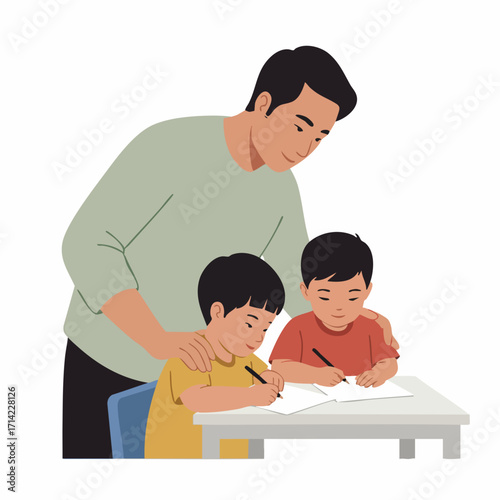 Flat Illustration of a Father Assisting his Two Sons with Homework