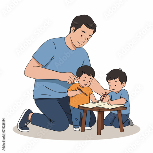 Cute Cartoon Father Playing with His Two Sons Illustration Art
