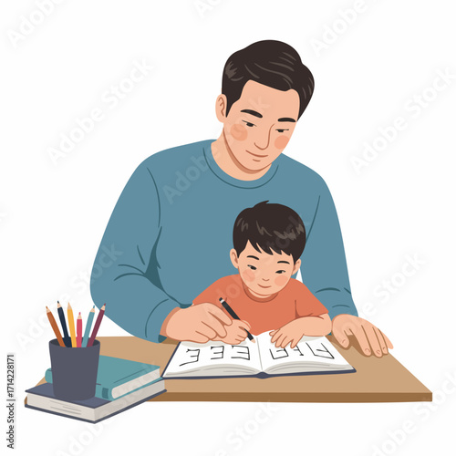 Flat Illustration Father Guiding His Son in Homeschooling and Study Time