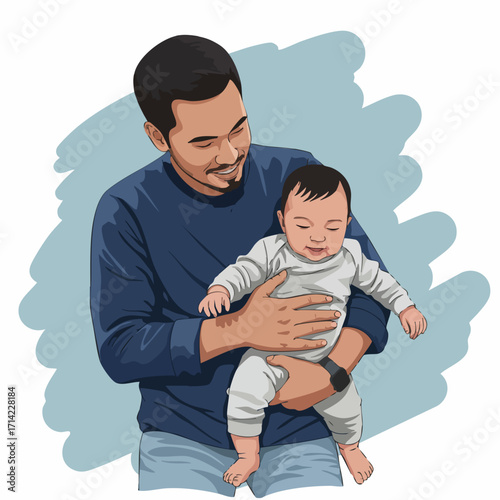 Gentle Artistic Illustration of Father Holding Baby in Arms Moment
