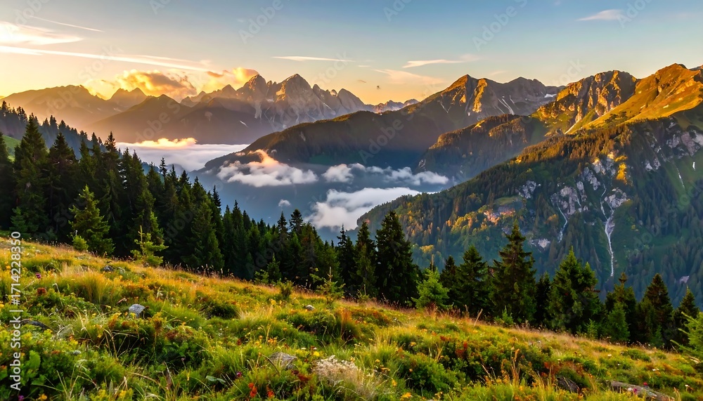 Fototapeta premium Breathtaking vista of a mountainous landscape bathed in golden hour light. Rolling hills, verdant trees, and misty valleys frame towering peaks under a clear sky