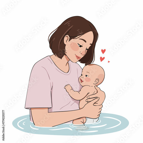 Whimsical Hand Drawn Illustration of Mother Holding a Baby in Water