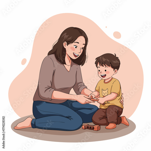 Cartoon Illustration of a Loving Mother Playing with Her Son at Home
