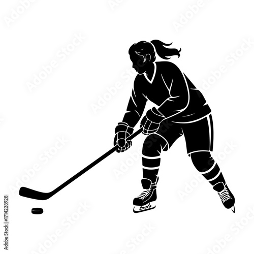 Female Ice Hockey Silhouette in Crouched Position Holding Stick and Puck
