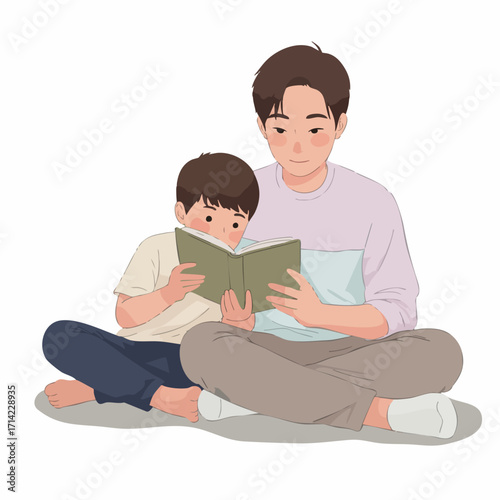 Flat Illustration Father Reading with Son Together, Family Moment Illustration