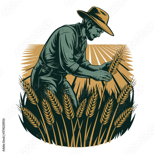 Traditional Farming Scene with Crops, Sunflower, and Rural Landscape