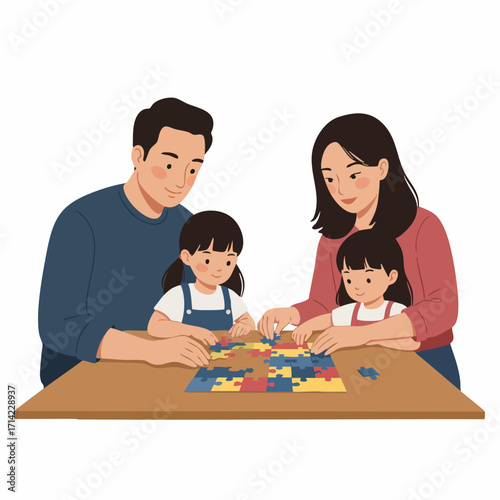 Flat Illustration of Family Assembling Jigsaw Puzzle on Table Indoors