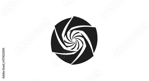 Abstract black and white spiral design representing a camera lens aperture.
