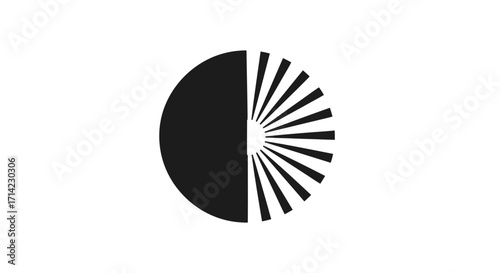 Abstract black and white circle with radial lines on one half representing focus or division.