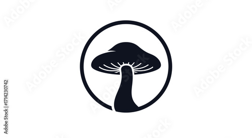 Mushroom logo design black and white simple circular graphic illustration.