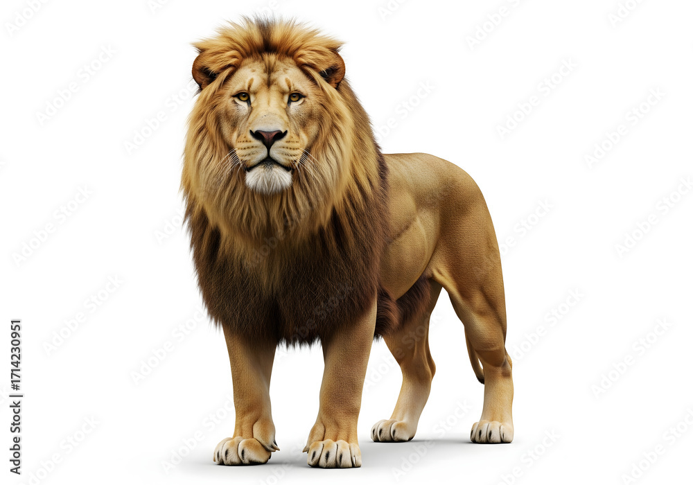Obraz premium Majestic lion standing proudly isolated on white background looking forward