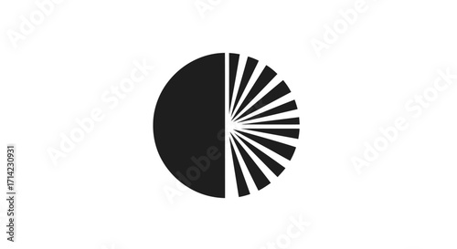Black and white circular design with segmented sections representing various elements.