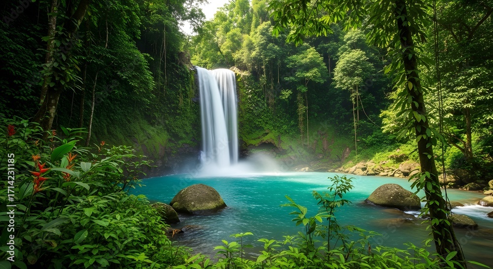 Fototapeta premium Tropical Waterfall Cascading into Turquoise Pool