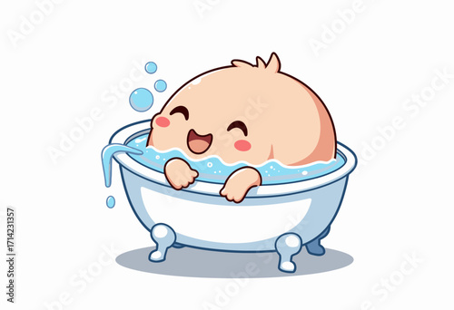 Adorable Cartoon Baby Enjoying a Delightful Bath in a Classic Clawfoot Bathtub with Splashing Water and Cheerful Expression Against White Background