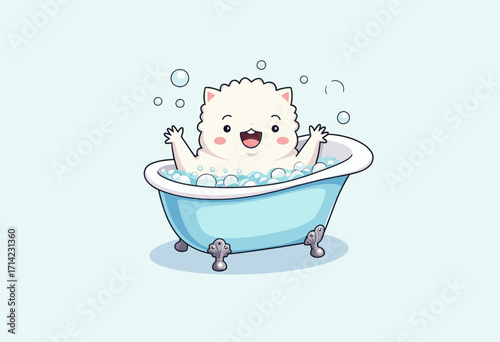 Adorable Fluffy White Cat Cheerfully Enjoys Bubble Bath in a Light Blue Clawfoot Bathtub Amidst Floating Bubbles on Soft Pastel Background
