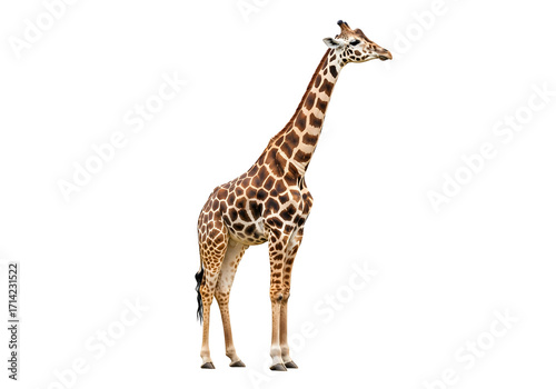 Graceful giraffe standing tall isolated on white background in full length shot