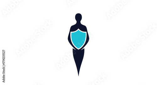 Human figure silhouette holding a blue shield for protection.
