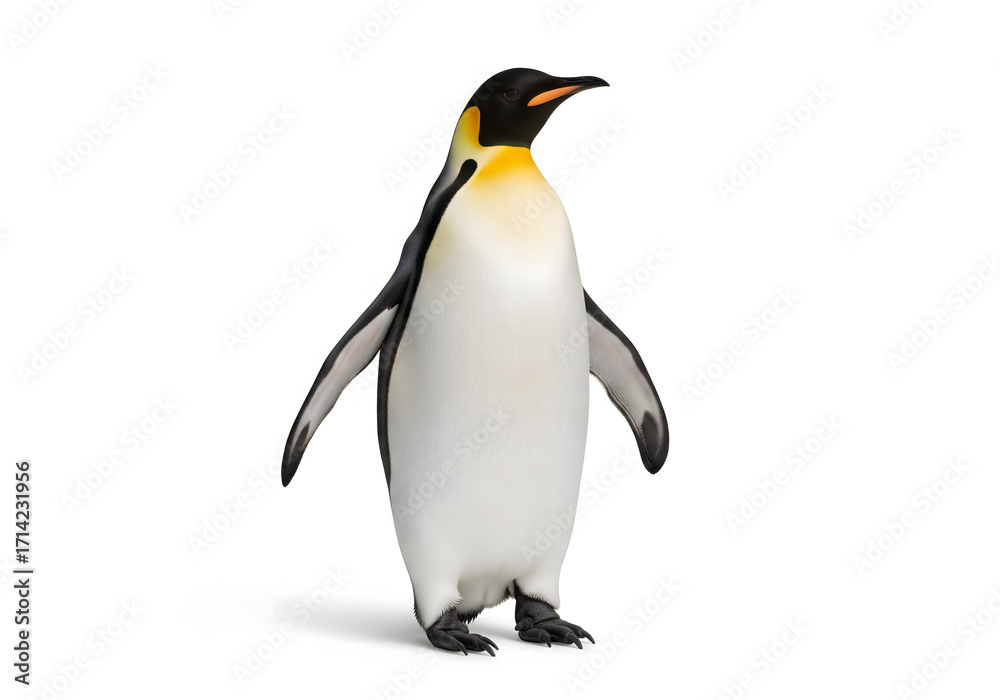 Naklejka premium Emperor penguin standing isolated on white background, looking to the right