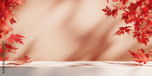 Autumn background table with fallen red maple leaves. Natural seasonal home decor for fall season, thanksgiving and holiday showroom. Product placement display countertop.