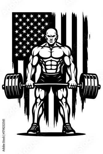 Strong Weightlifter with American Flag – Bold Black and White Patriotic Fitness Vector Illustration
