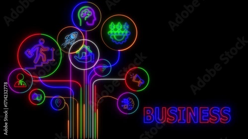 Neon teamwork illustration featuring futuristic icons for business growth, innovation, communication, creativity, leadership, technology, motivation, and success, glowing with vibrant colors against,