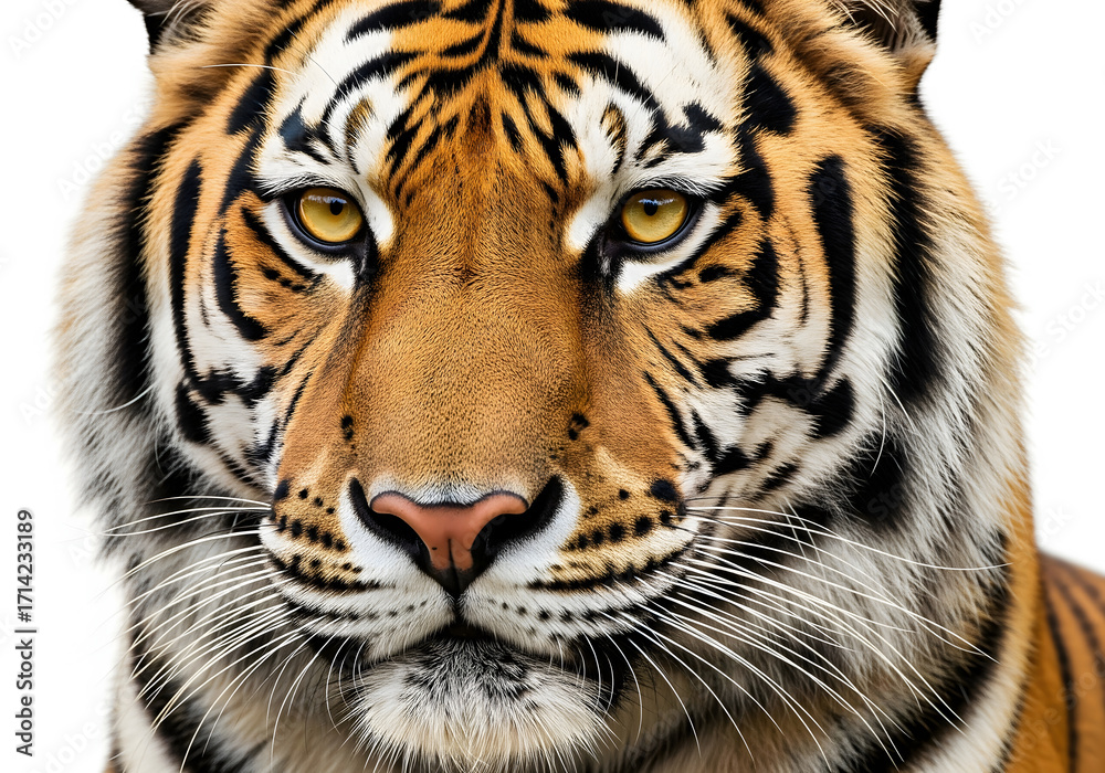 Fototapeta premium Close up of a majestic tiger face isolated on white background looking ahead