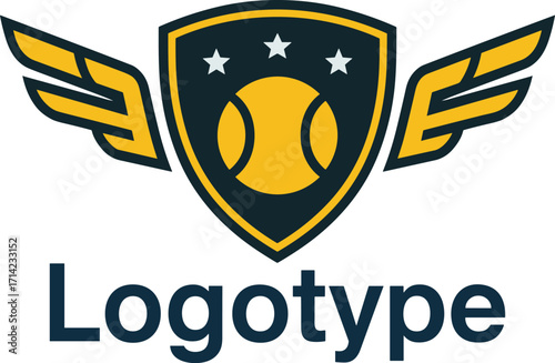 Yellow Tennis Ball Inside Shield with Wings and Stars Vector Logo on White Background