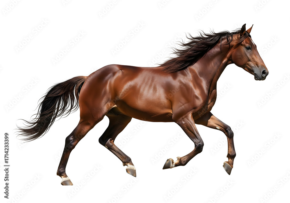 Fototapeta premium Beautiful brown horse running isolated on white background in a dynamic pose