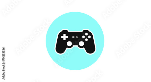 Black video game controller icon on light blue circle.