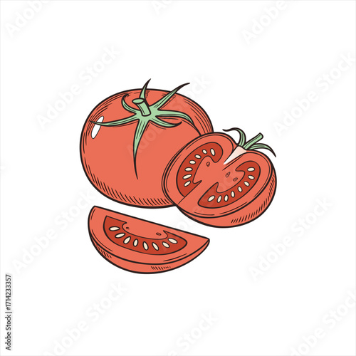 Fresh red tomato whole and sliced illustration on white background