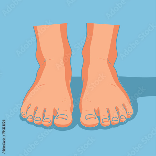 A close-up illustration of two bare human feet positioned side-by-side on a light blue background.