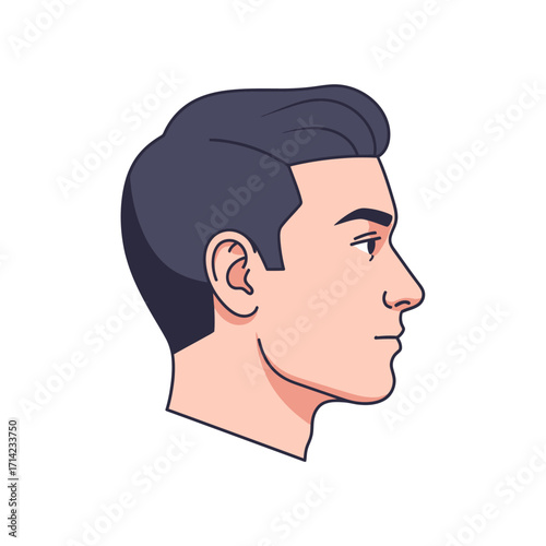 A side profile illustration of a young man with dark hair, looking forward.