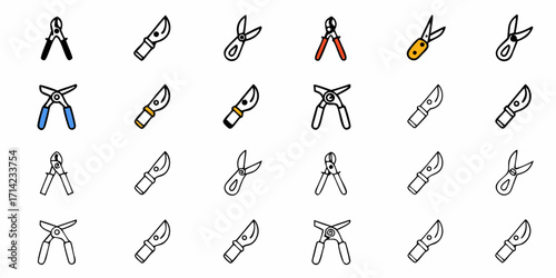 Illustration showing an assortment of gardening tools including pruning shears and grafting knives arranged neatly