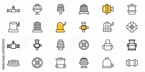 Illustration of various industrial components including valves filters and other machinery elements