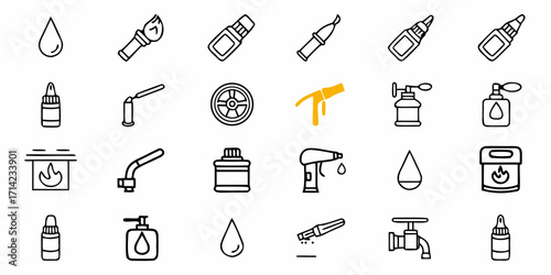 Collection of various containers and dispensing tools in a black outline style illustration art design