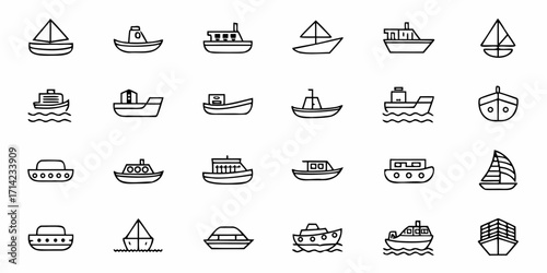 Collection of twenty four boat icons with different designs in simple black outline style on white background