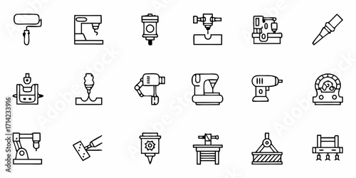 Depiction of various industrial machinery and equipment in a linear style black and white drawing style