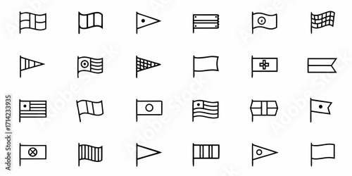 Illustration of a set of various flags and pennants with different designs and patterns on a white background