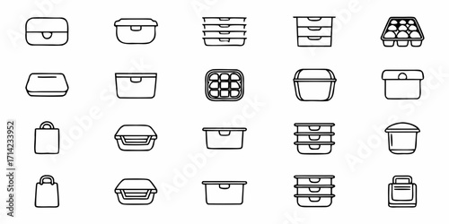 Illustration showing various containers including boxes trays bags and an egg carton in a simple outline style