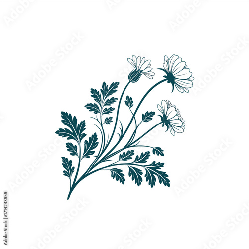 Elegant teal floral silhouette with delicate daisy flowers and leaves